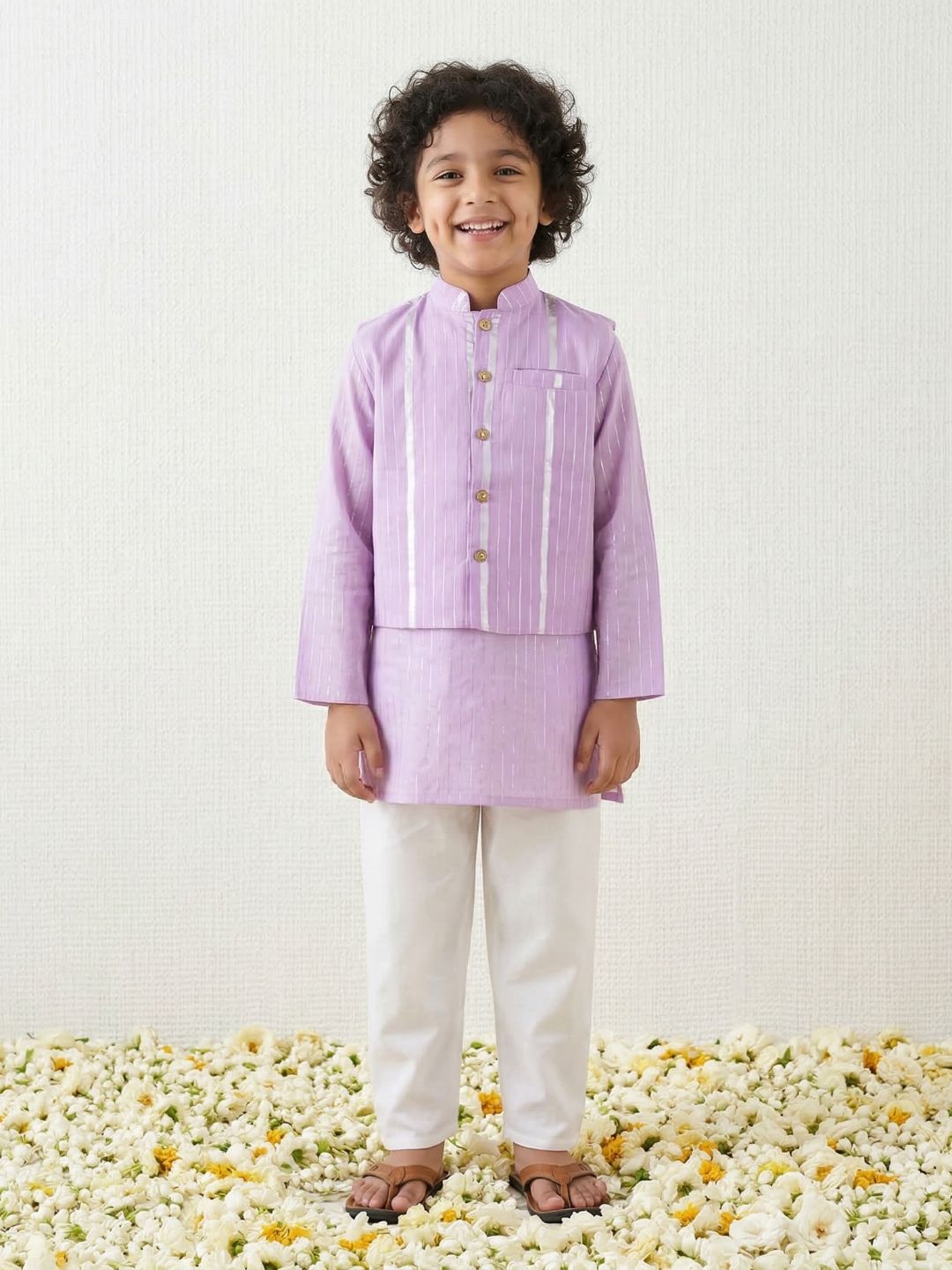Purple Lurex Work Cotton Kurta Pyjama Waist Coat Set For Boys