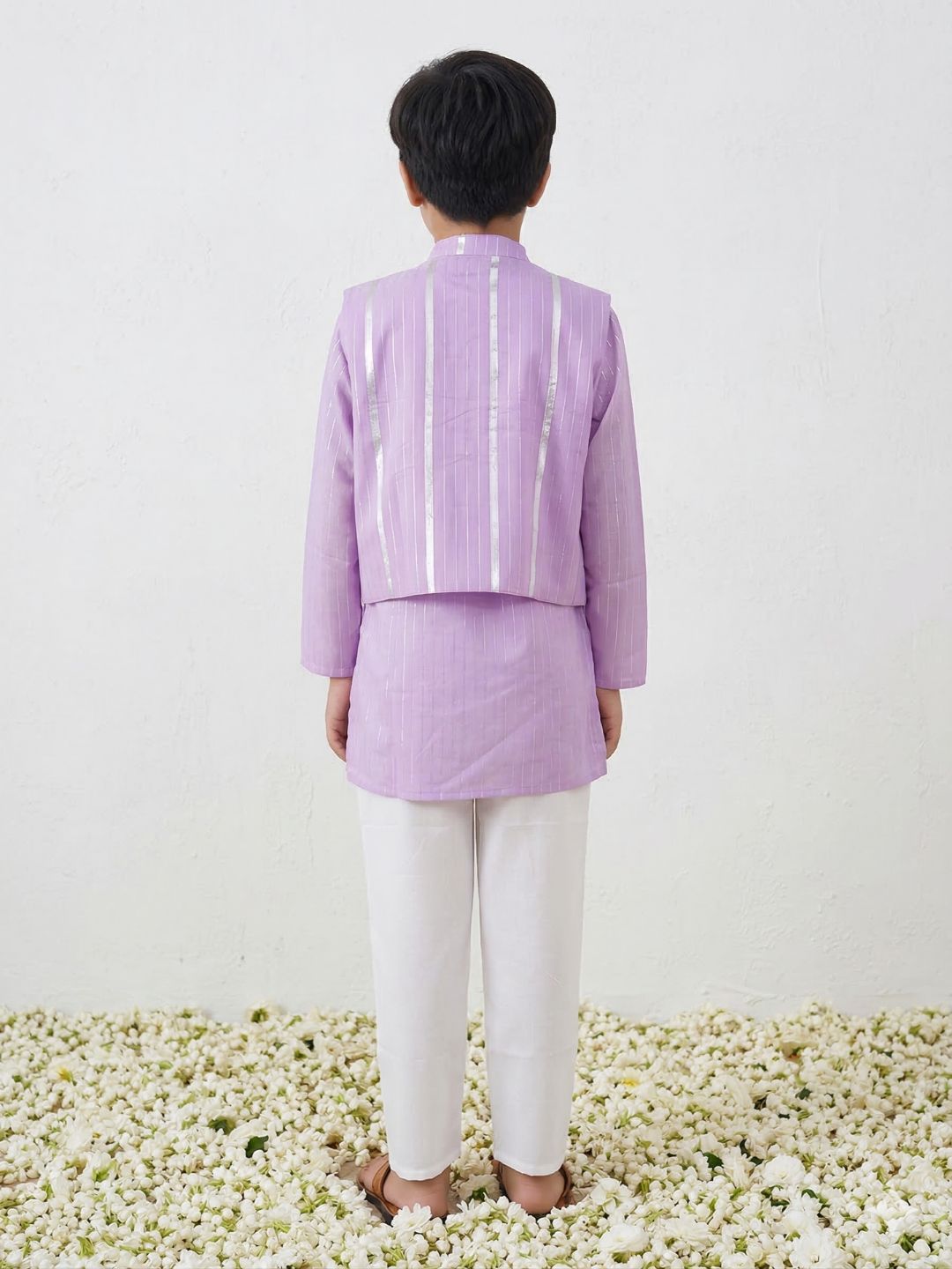 Purple Lurex Work Cotton Kurta Pyjama Waist Coat Set For Boys