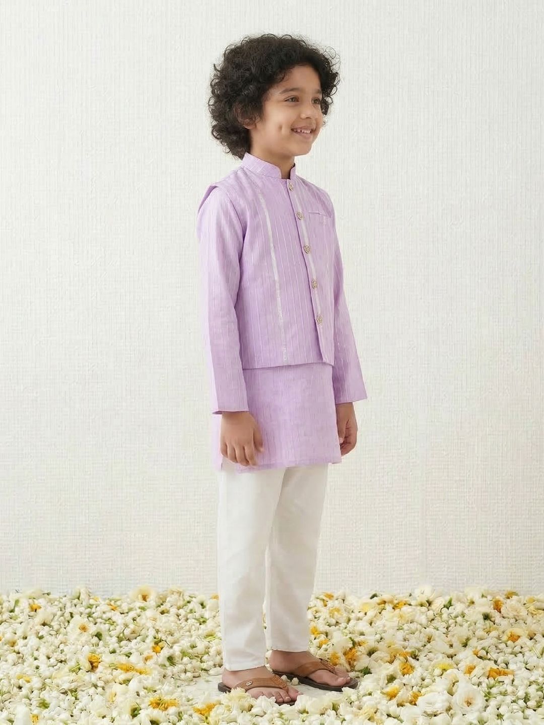 Purple Lurex Work Cotton Full Sleeve Kurta Pyjama With Waist Coat Set For Kids Boys