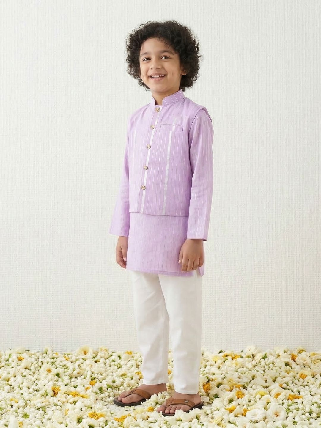 Purple Lurex Work Cotton Full Sleeve Kurta Pyjama With Waist Coat Set For Kids Boys