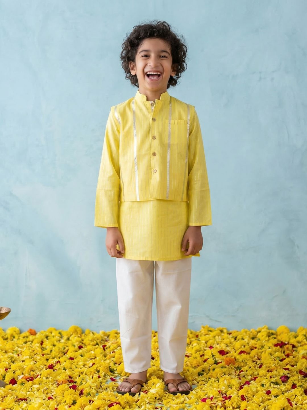 Yellow Lurex Work Cotton Kurta Pyjama Waist Coat Set For Boys