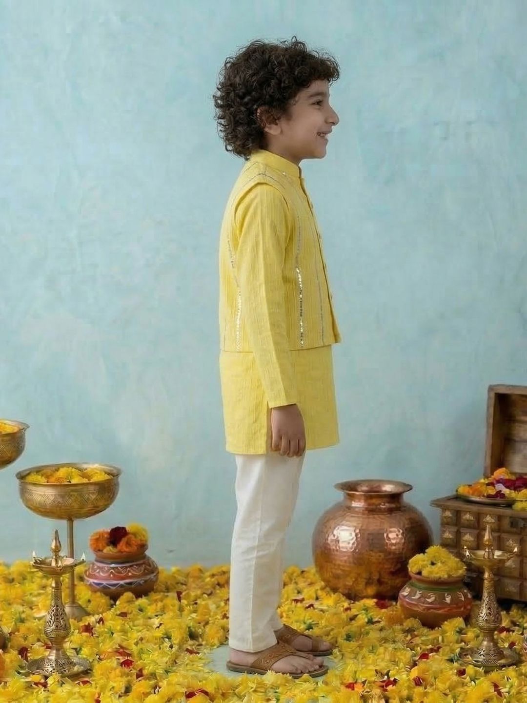 Yellow Lurex Work Cotton Kurta Pyjama Waist Coat Set For Boys