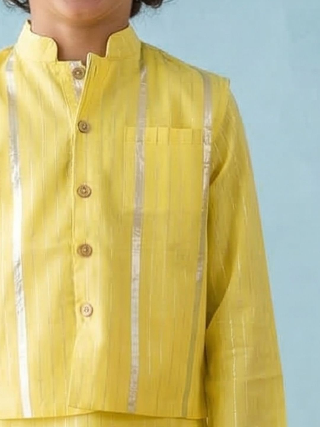 Yellow Lurex Work Cotton Full Sleeve Kurta Pyjama With Waist Coat Set For Kids Boys