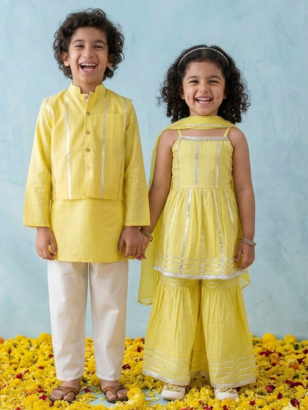 Yellow Printed Pure Cotton Kurta Pyjama Waist Coat Set For Boys And Kurti and Sharara Set For Girls