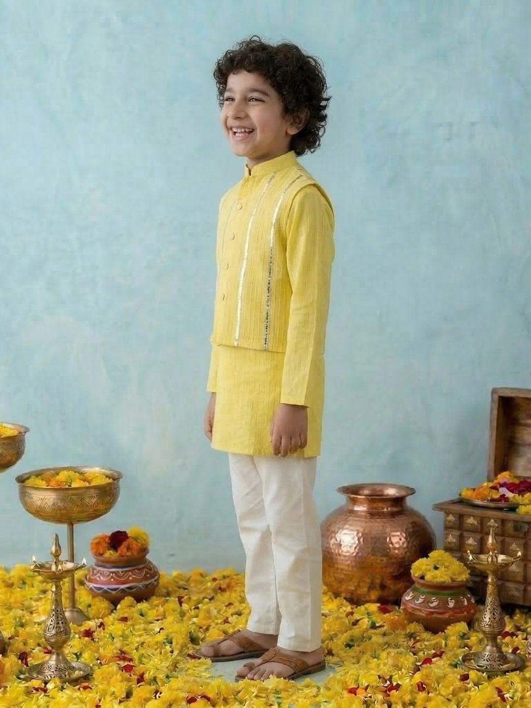 Yellow Printed Pure Cotton Kurta Pyjama Waist Coat Set For Boys And Kurti and Sharara Set For Girls