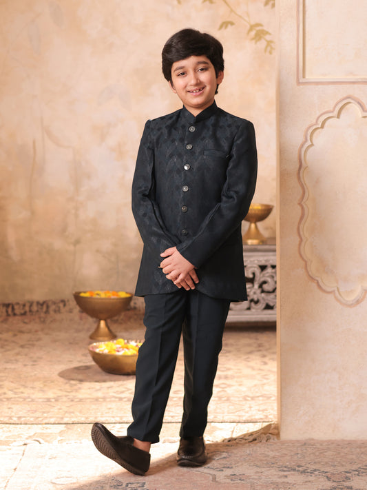 Boys Blue Jacquard Full Sleeves Sequins and Embroidery Sherwani
