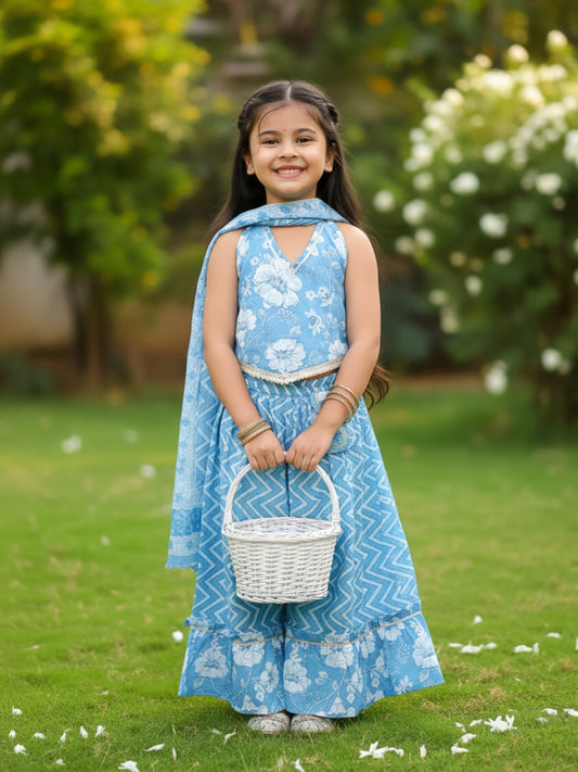 Aj Dezines Blue Cotton Sleeveless Floral Printed Lehenga Choli for Girls