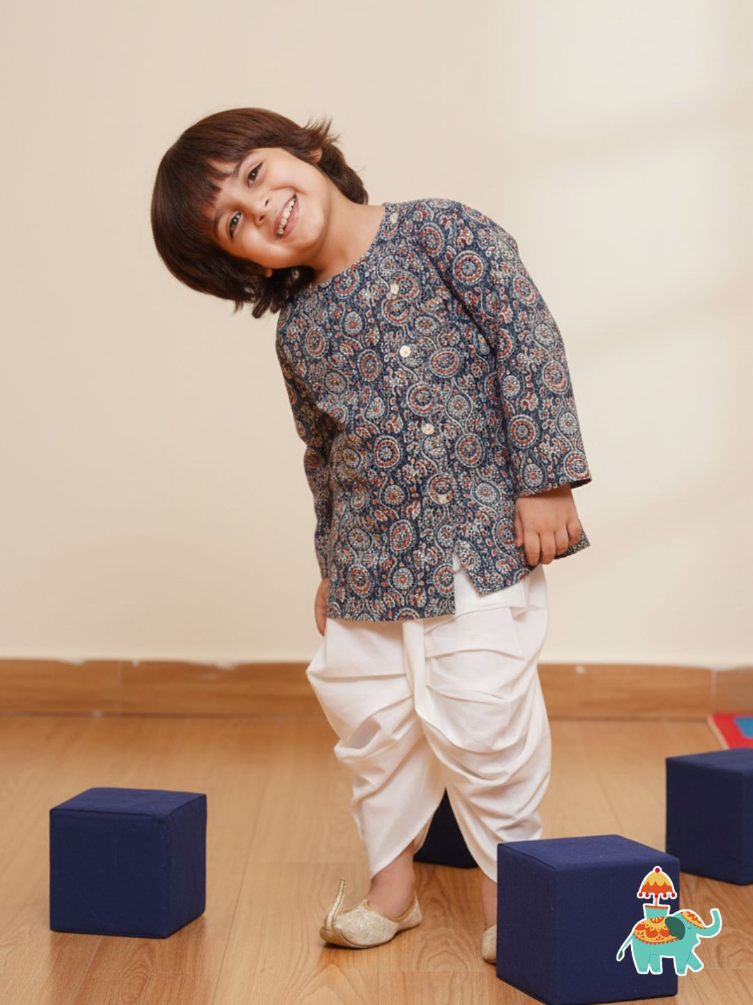 Holi Blue Pure Cotton Full sleeves Abstract Print Dhoti Set for Boys - AJ Dezines