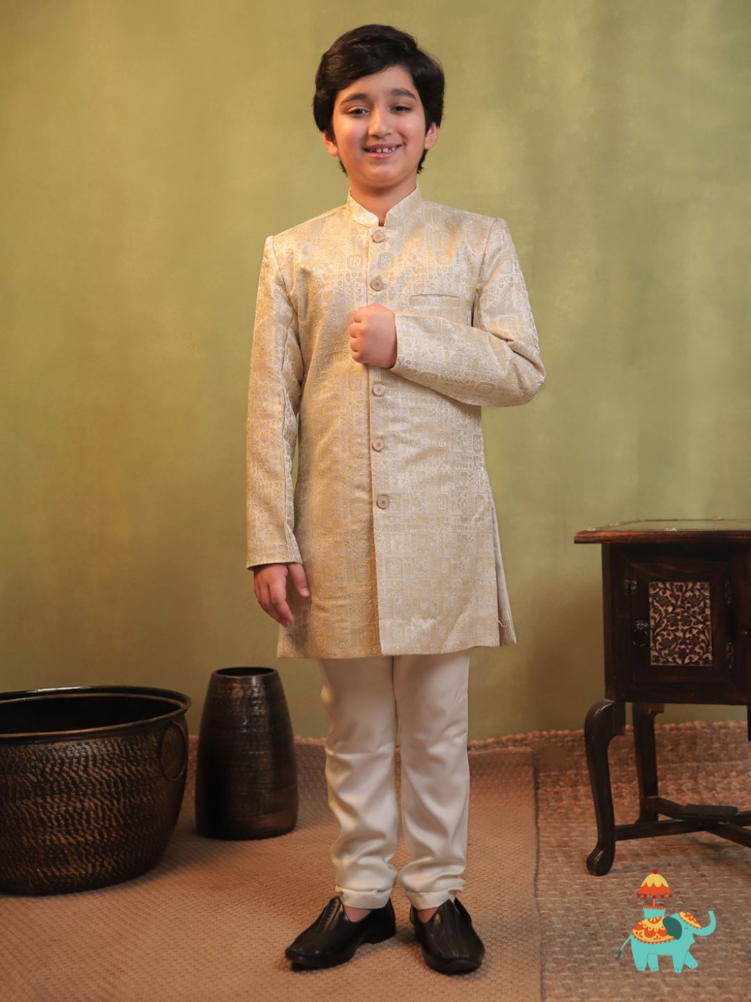 Cream Jacquard Full Sleeves Sherwani with Rich Floral Embroidery for boys
