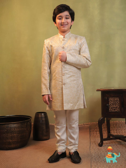 AJ Dezines Cream Jacquard Full Sleeves Rich Floral Embroidery Sherwani