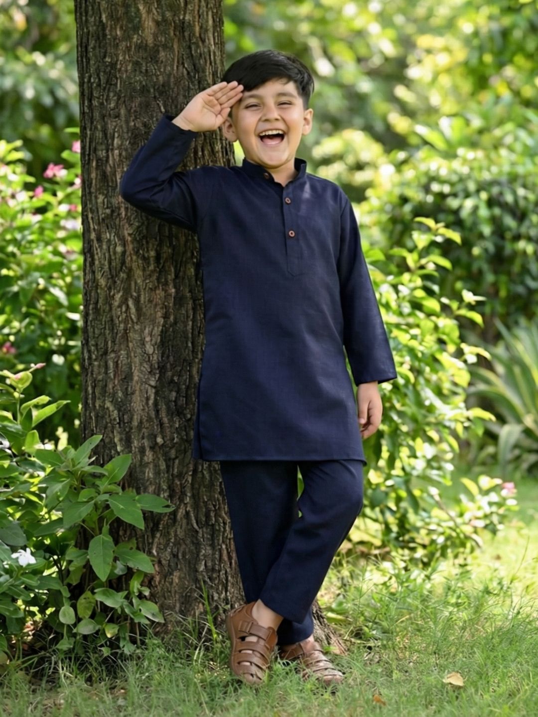 Boys Dark Blue Cotton Full sleeves Solid Kurta Pyjama Set