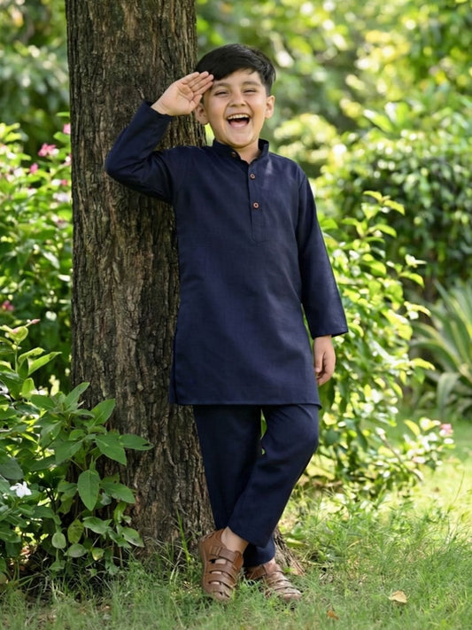 Boys Dark Blue Cotton Full sleeves Solid Kurta Pyjama Set