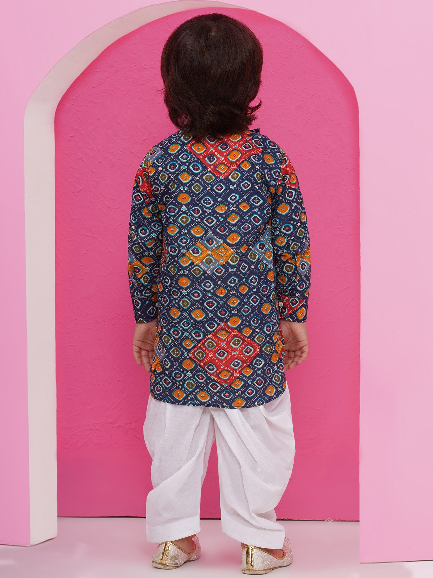 Dark Blue Cotton Full Sleeves Printed Kurta Pyjama Set For Boys