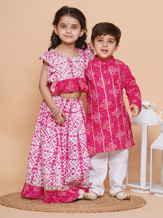 Boys Pure Cotton Kurta Pyjamas and Girls Lehenga Choli Sibling sets-Pink