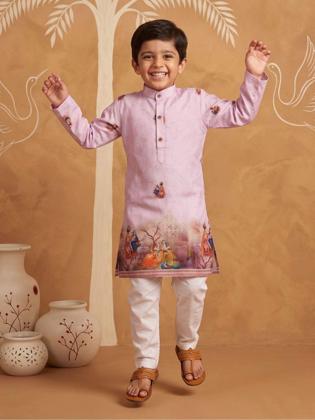AJ Dezines Pink Mythological Print Cotton Blend Kurta Pyjama Set For Boys