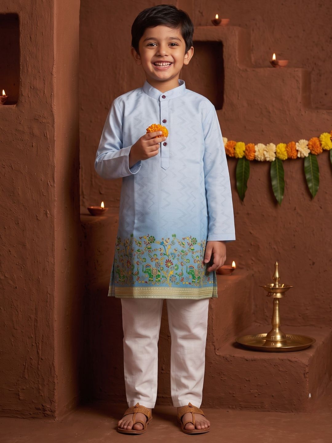 AJ Dezines Blue Elephant Printed Cotton Blend Kurta Pyjama Set For Boys
