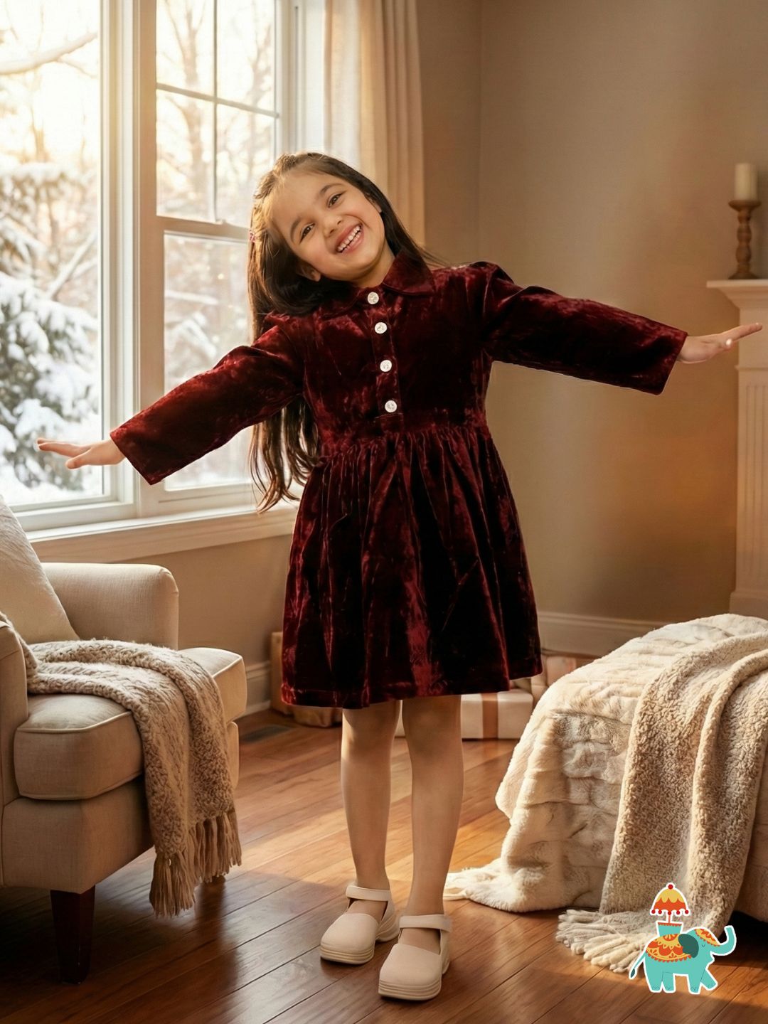 AJ Dezines Maroon Velvet Full Sleeves Solid Frock