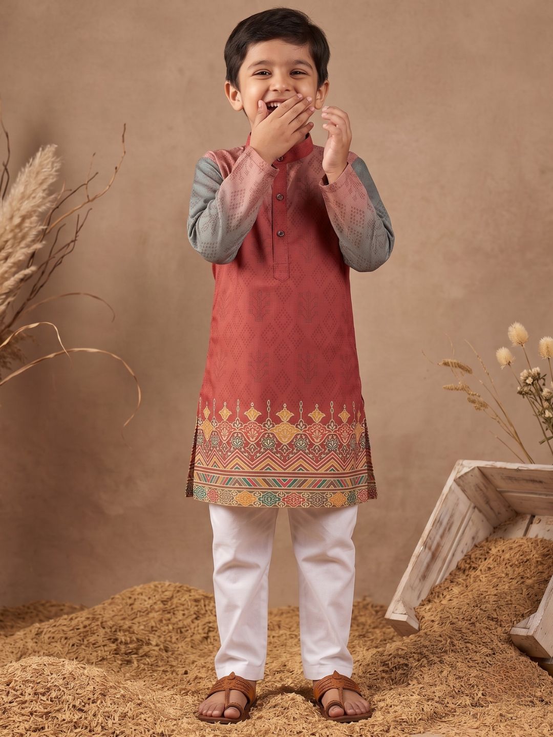 AJ Dezines Red Ethnic Print Cotton Blend Kurta Pyjama Set For Boys