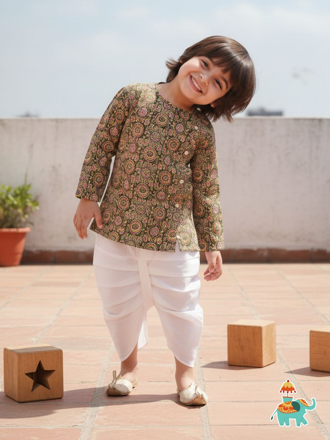 Holi Green Pure Cotton Full Sleeves Abstract Print Dhoti Set For Boys