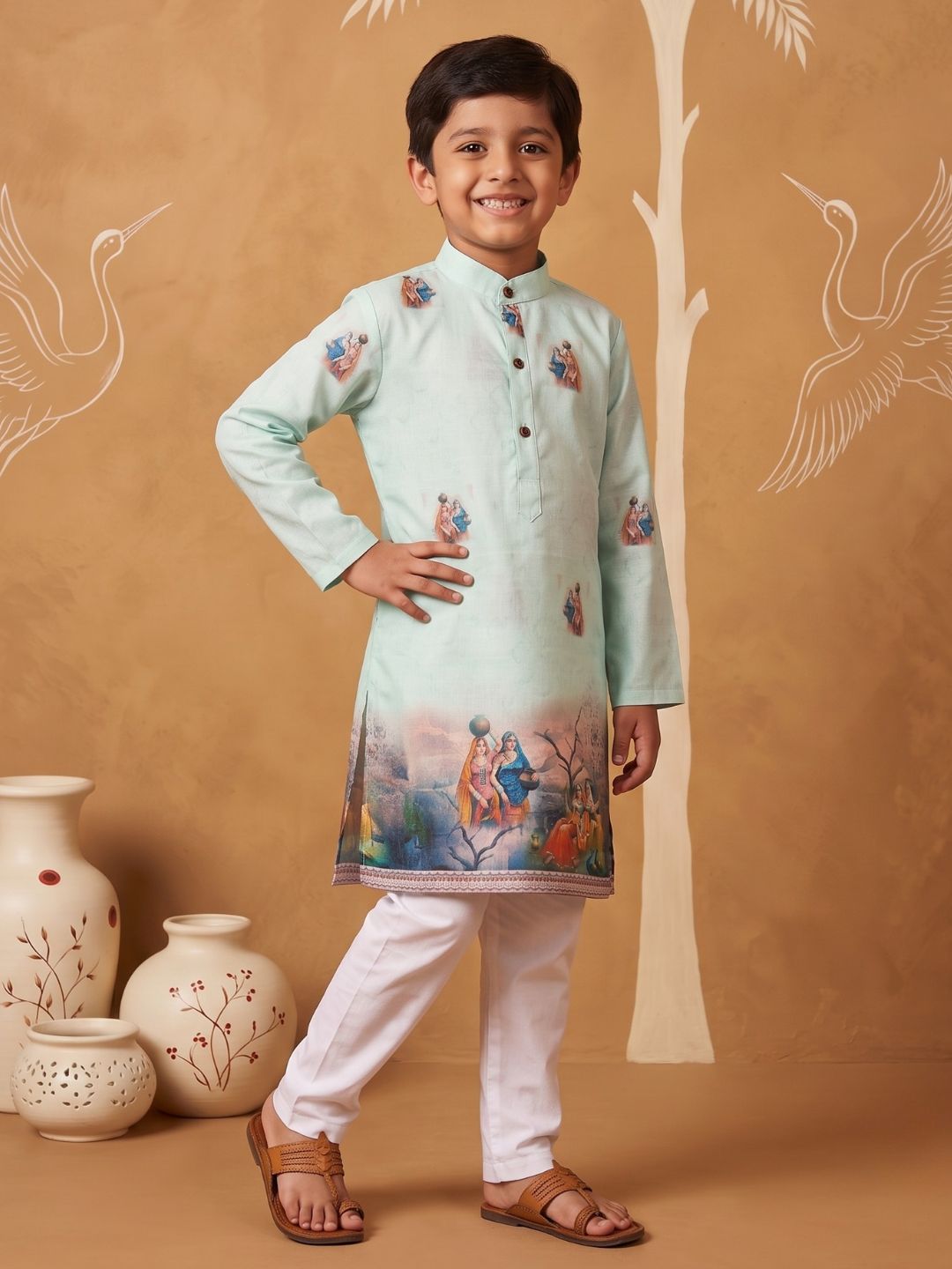 AJ Dezines Green Mythological Print Cotton Blend Kurta Pyjama Set For Boys