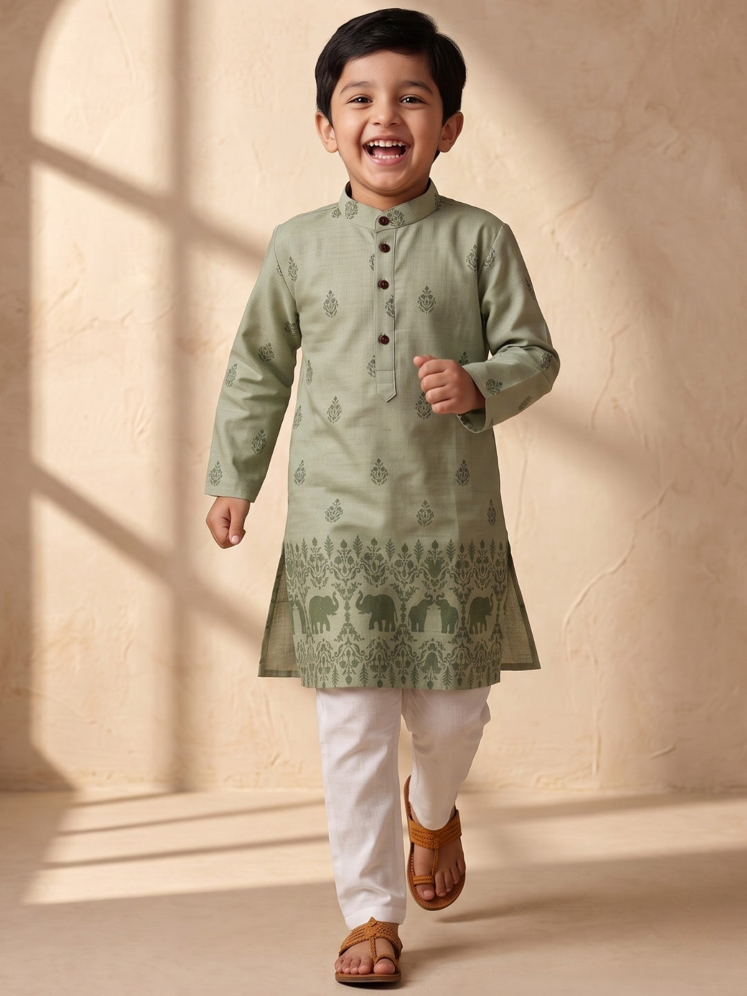 AJ Dezines Green Elephant Printed Cotton Blend Kurta Pyjama Set For Boys