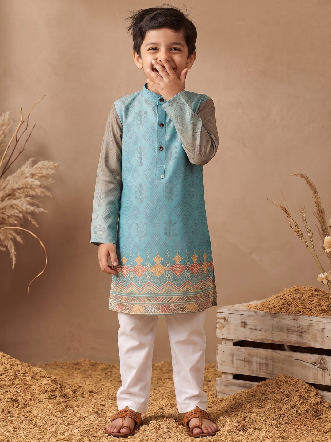 AJ Dezines Sky Blue Ethnic Print Cotton Blend Kurta Pyjama Set For Boys