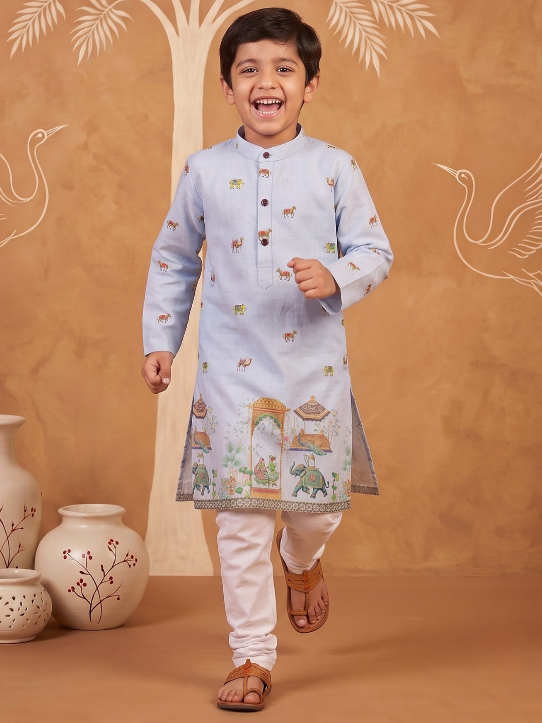 AJ Dezines Blue Elephant & Traditional Ethnic Print Cotton Blend Kurta Pyjama Set For Boys
