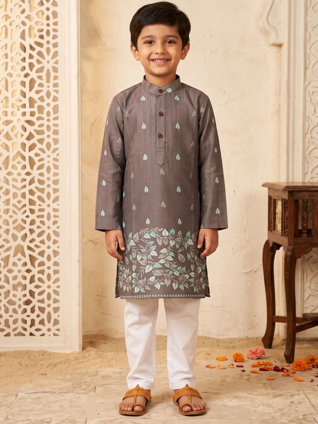 AJ Dezines Brown Leaf Print Cotton Blend Kurta Pyjama Set For Boys
