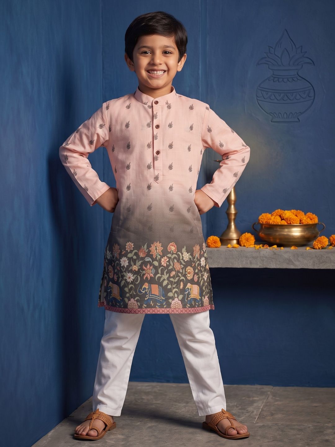 Pink Floral Elephant Printed Cotton Blend Kurta Pyjama Set For Boys