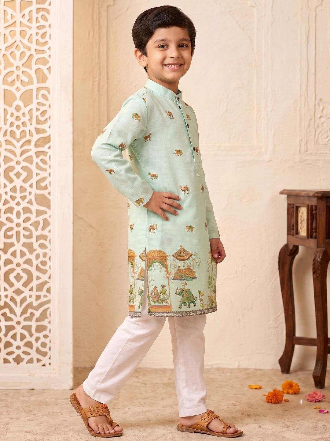 AJ Dezines Green Elephant & Traditional Ethnic Print Cotton Blend Kurta Pyjama Set For Boys