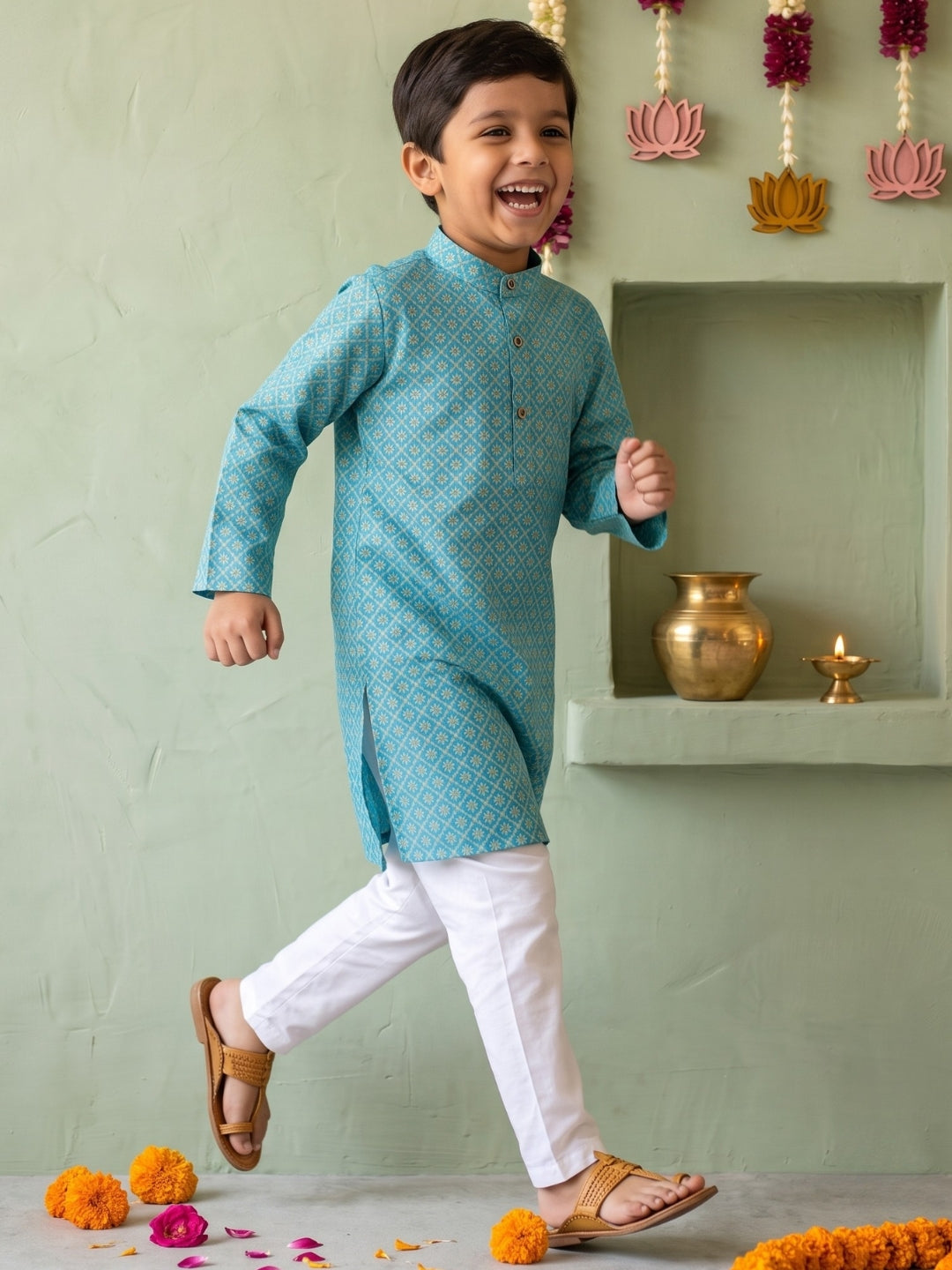 AJ Dezines Blue Floral Geometric Print Cotton Blend Kurta Pyjama Set For Boys