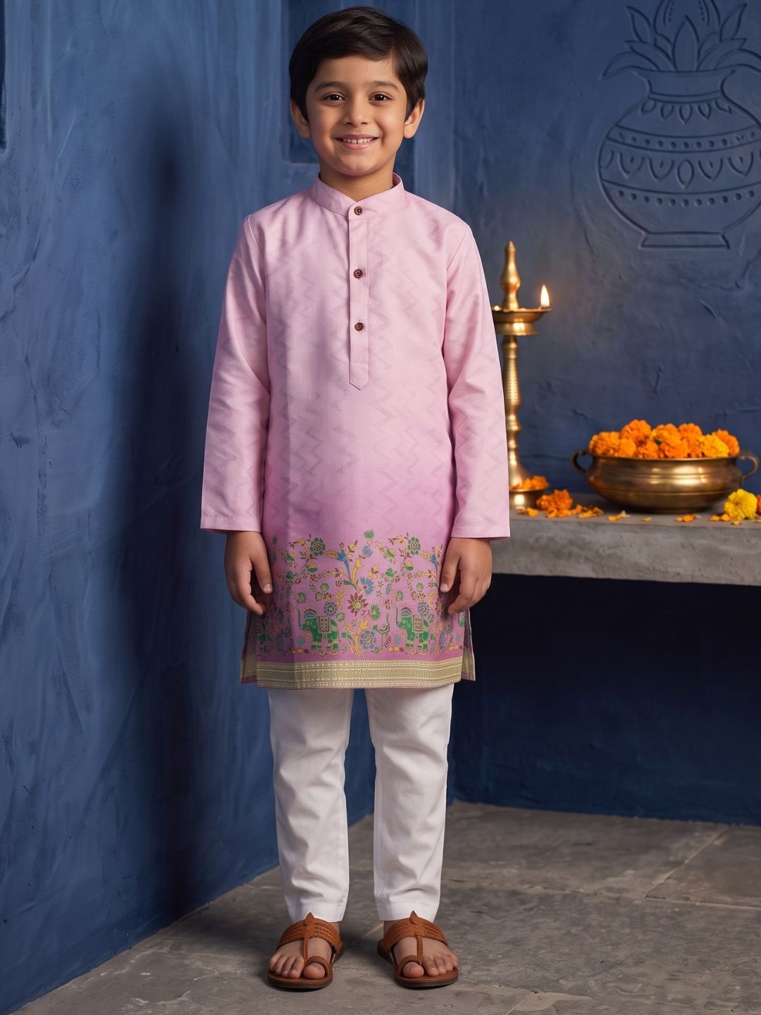 AJ Dezines Pink Elephant Printed Cotton Blend Kurta Pyjama Set For Boys