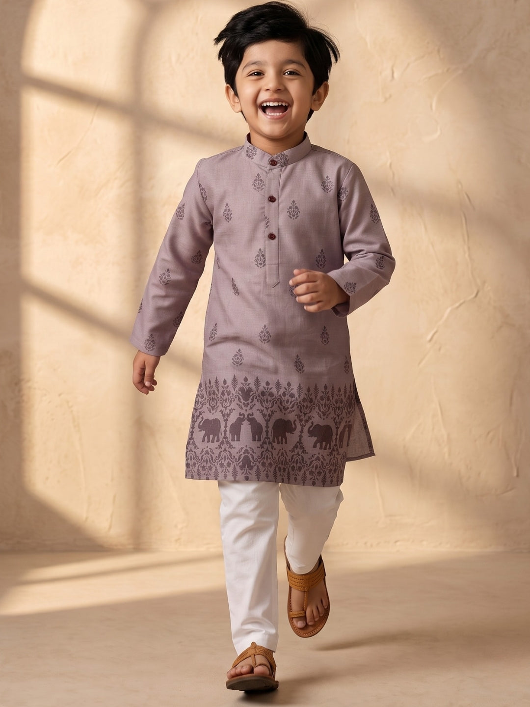 AJ Dezines Mauve Elephant Printed Cotton Blend Kurta Pyjama Set For Boys