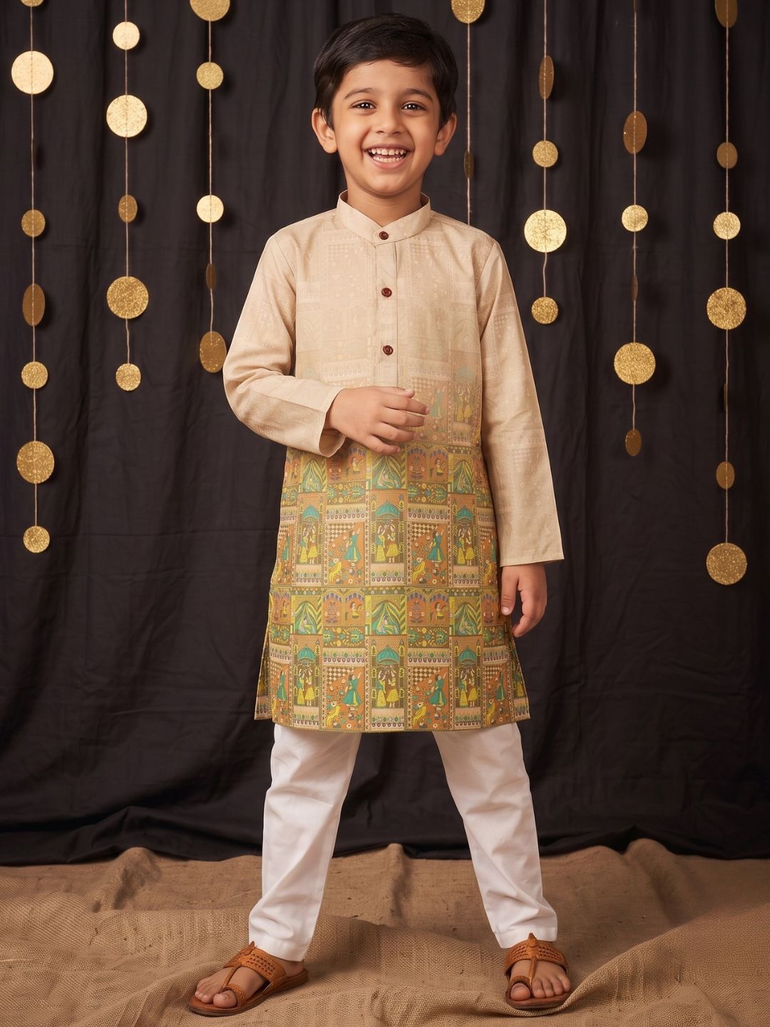 AJ Dezines Yellow Ethnic Print Cotton Blend Kurta Pyjama Set For Boys