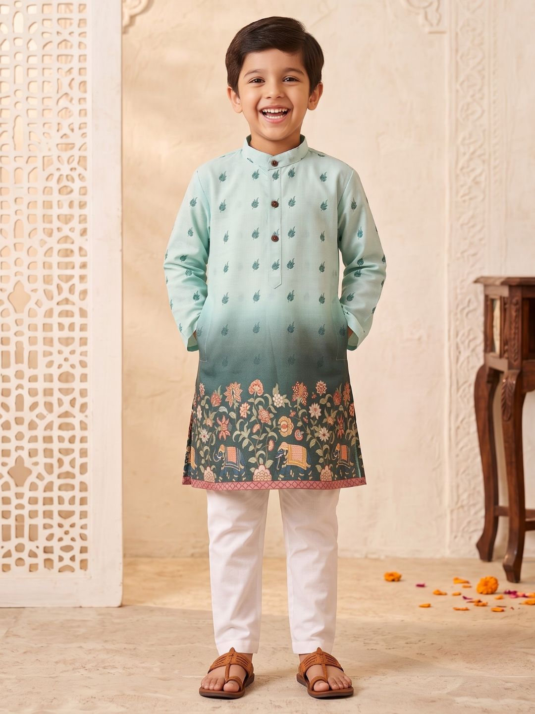 AJ Dezines Green Floral Elephant Printed Cotton Blend Kurta Pyjama Set For Boys
