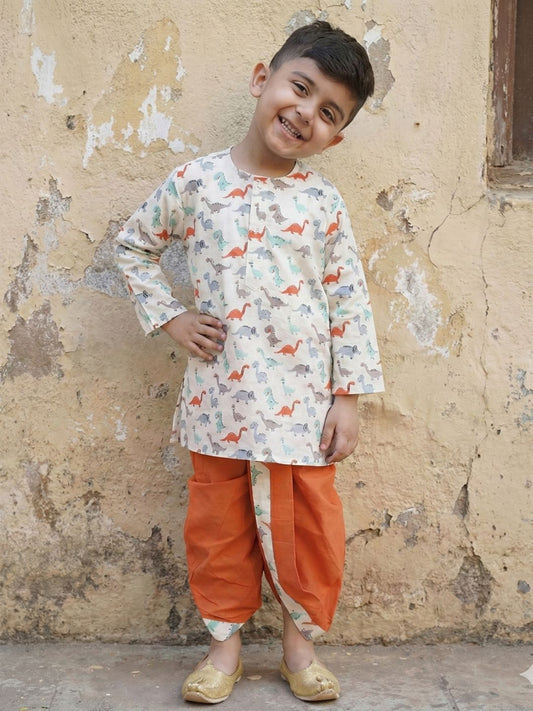 Kids Boys Rust Dino Print Cotton Dhoti Set