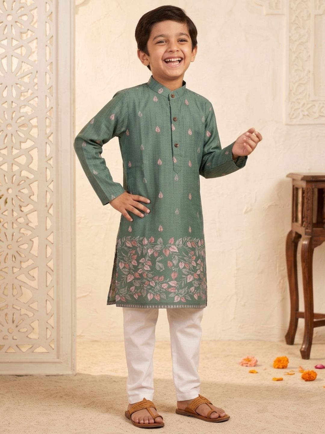 AJ Dezines Green Leaf Print Cotton Blend Kurta Pyjama Set For Boys