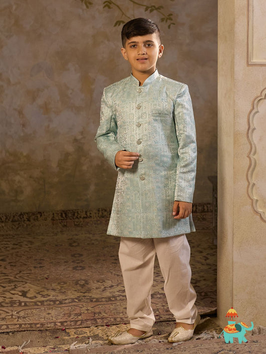 AJ Dezines Sky Blue Jacquard Full Sleeves Rich Floral Embroidery Sherwani