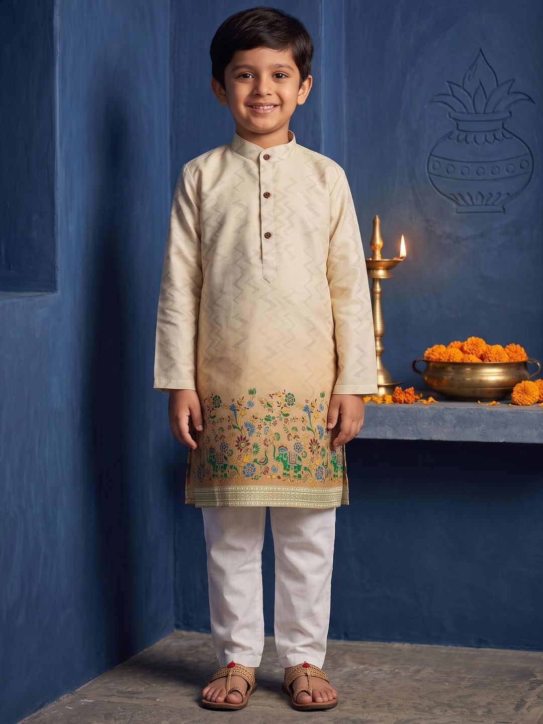 AJ Dezines Yellow Elephant Printed Cotton Blend Kurta Pyjama Set For Boys