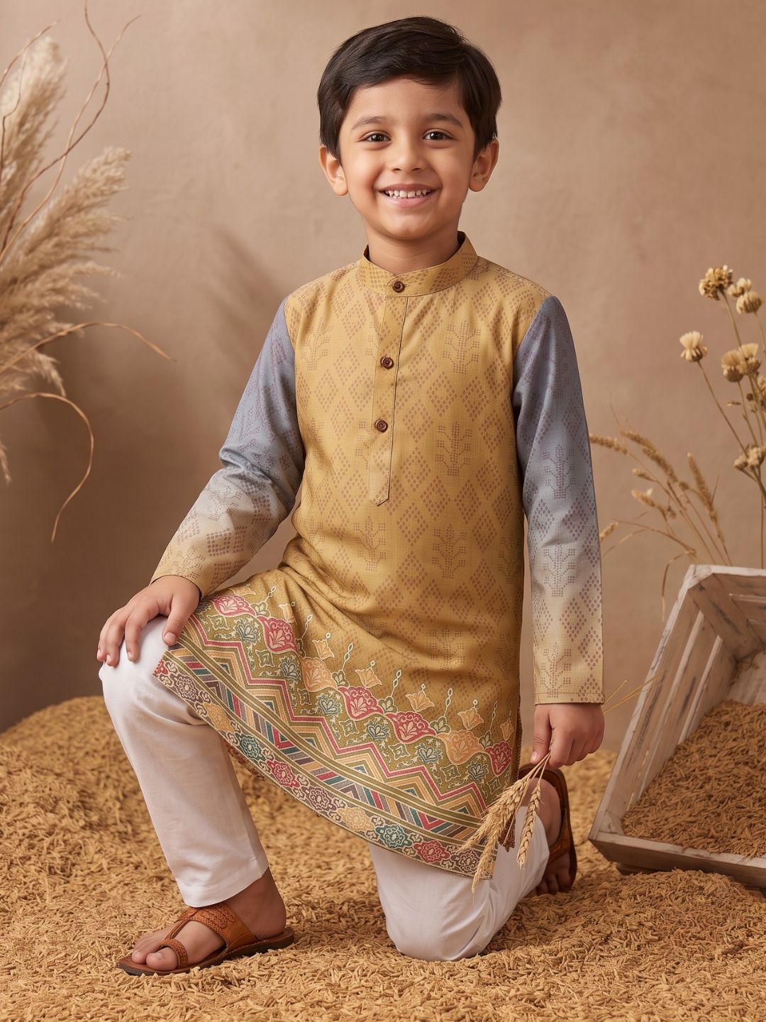 AJ Dezines Mustard Ethnic Print Cotton Blend Kurta Pyjama Set For Boys