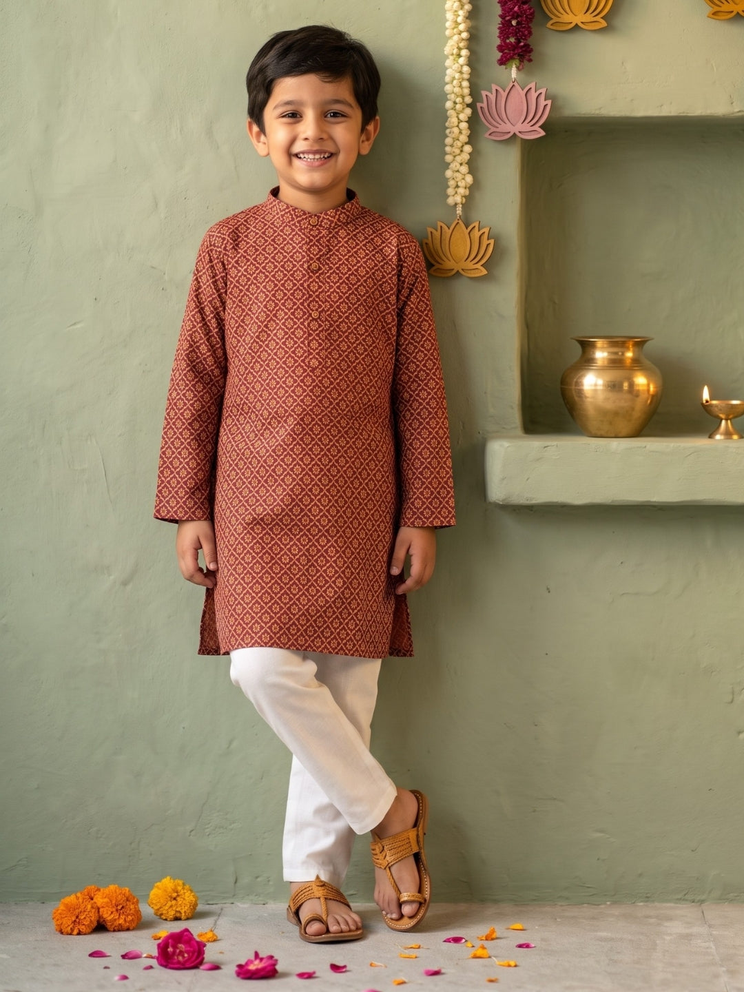 AJ Dezines Red Floral Geometric Print Cotton Blend Kurta Pyjama Set For Boys