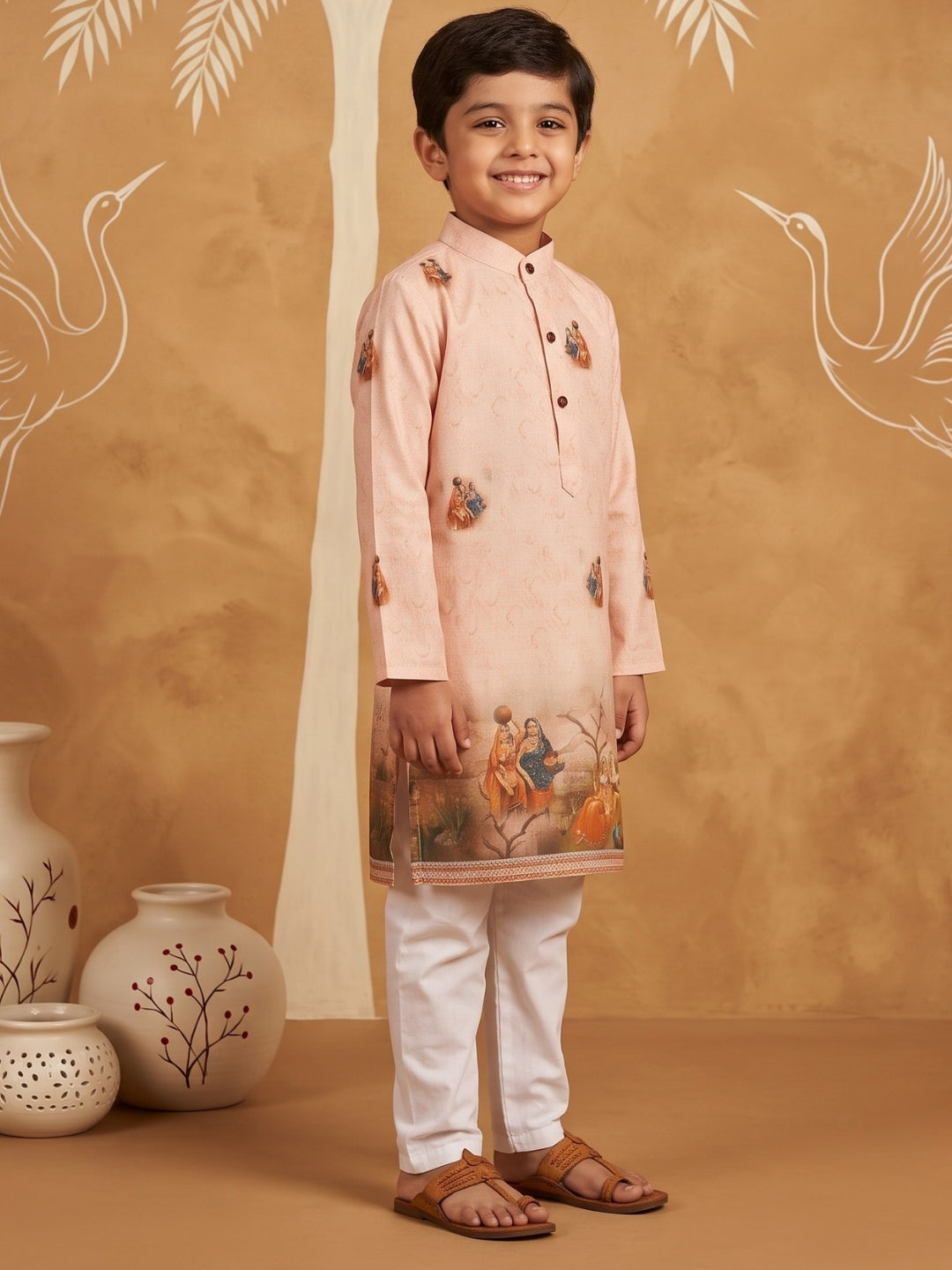 AJ Dezines Peach Mythological Print Cotton Blend Kurta Pyjama Set For Boys