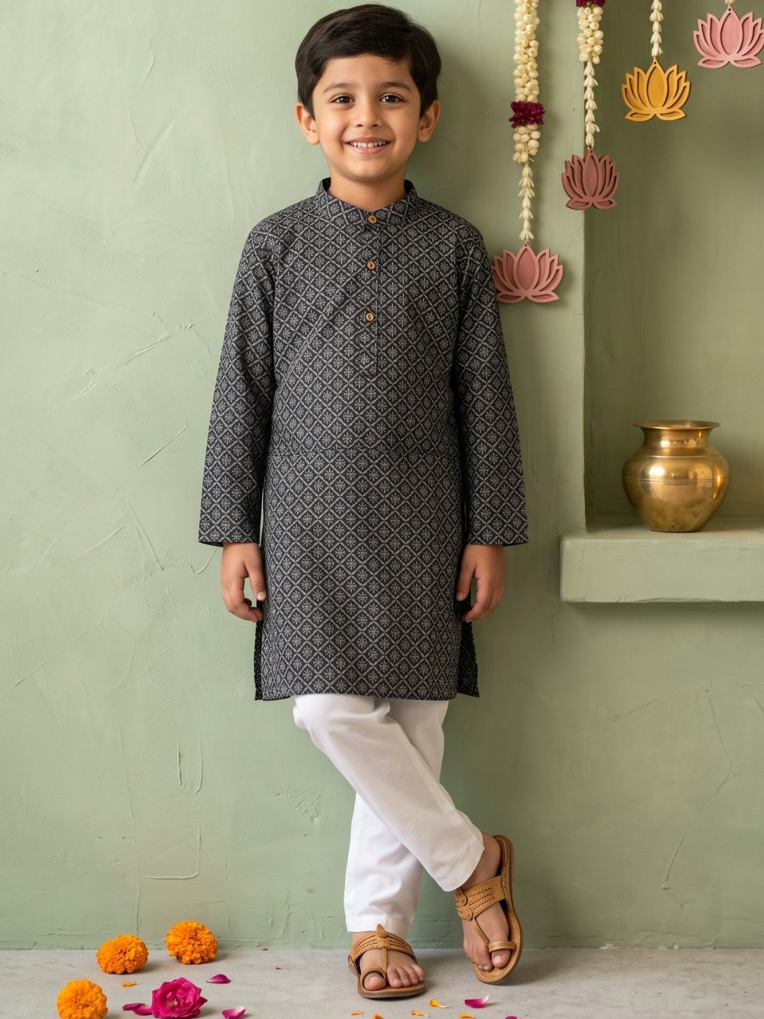 AJ Dezines Black Floral Geometric Print Cotton Blend Kurta Pyjama Set For Boys