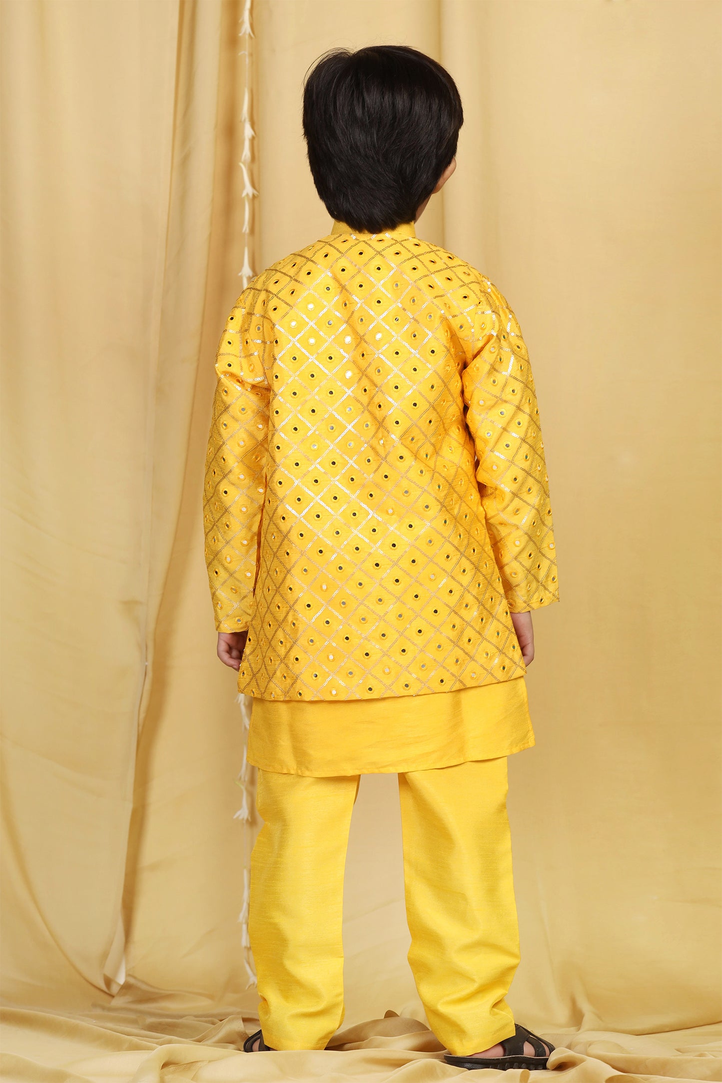 Kids Boys Mustard Solid Silk Sherwani