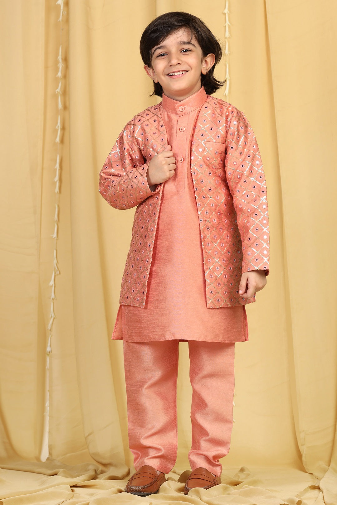 Kids Boys Peach Mukaish Silk Sherwani