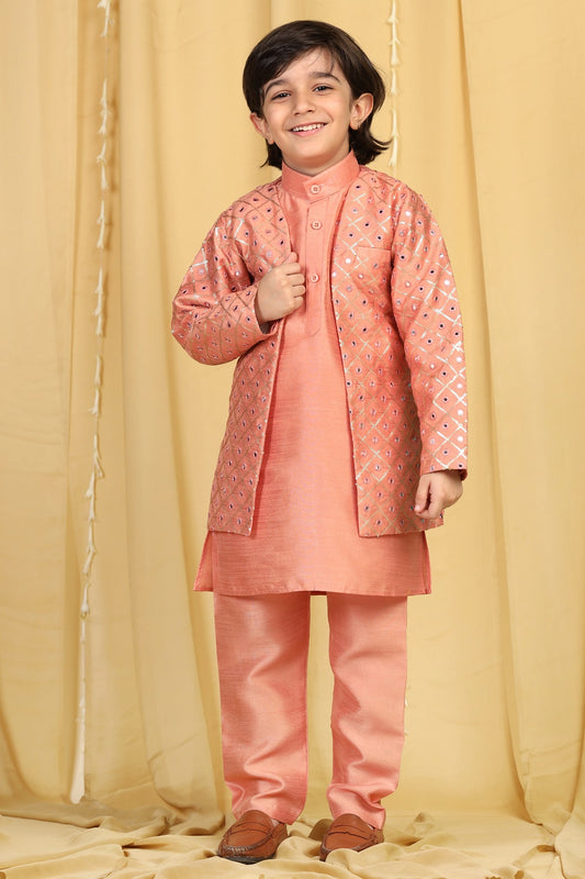 Kids Boys Peach Mukaish Silk Sherwani