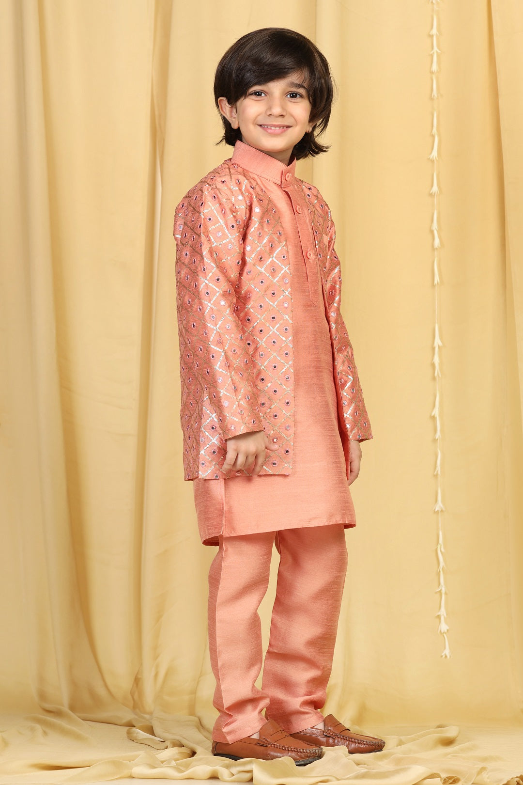 Kids Boys Peach Mukaish Silk Sherwani