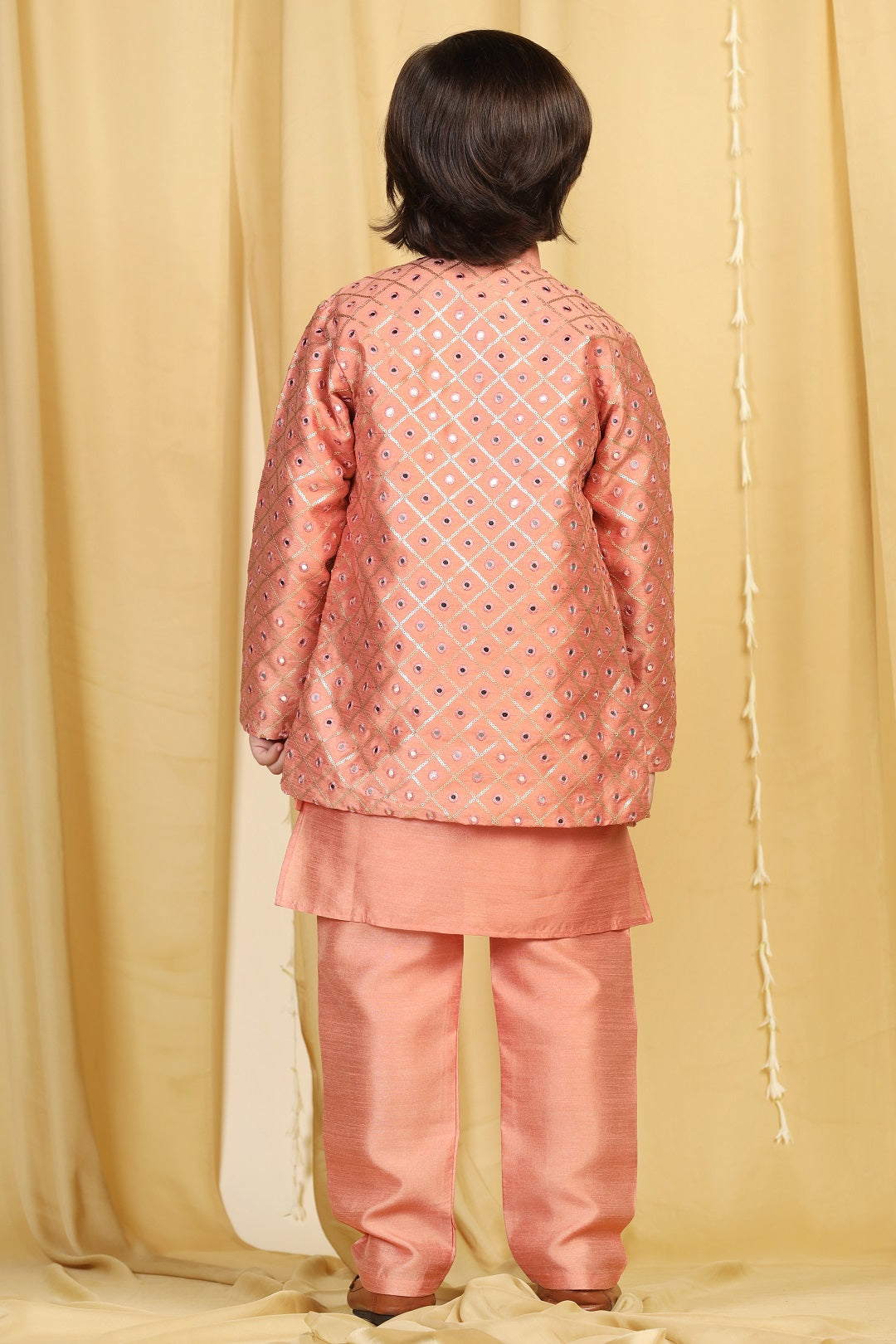 Kids Boys Peach Mukaish Silk Sherwani