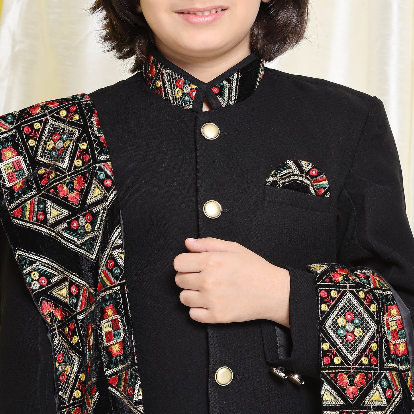 Kids Boys Black Embroidered Cotton Polyester Sherwani