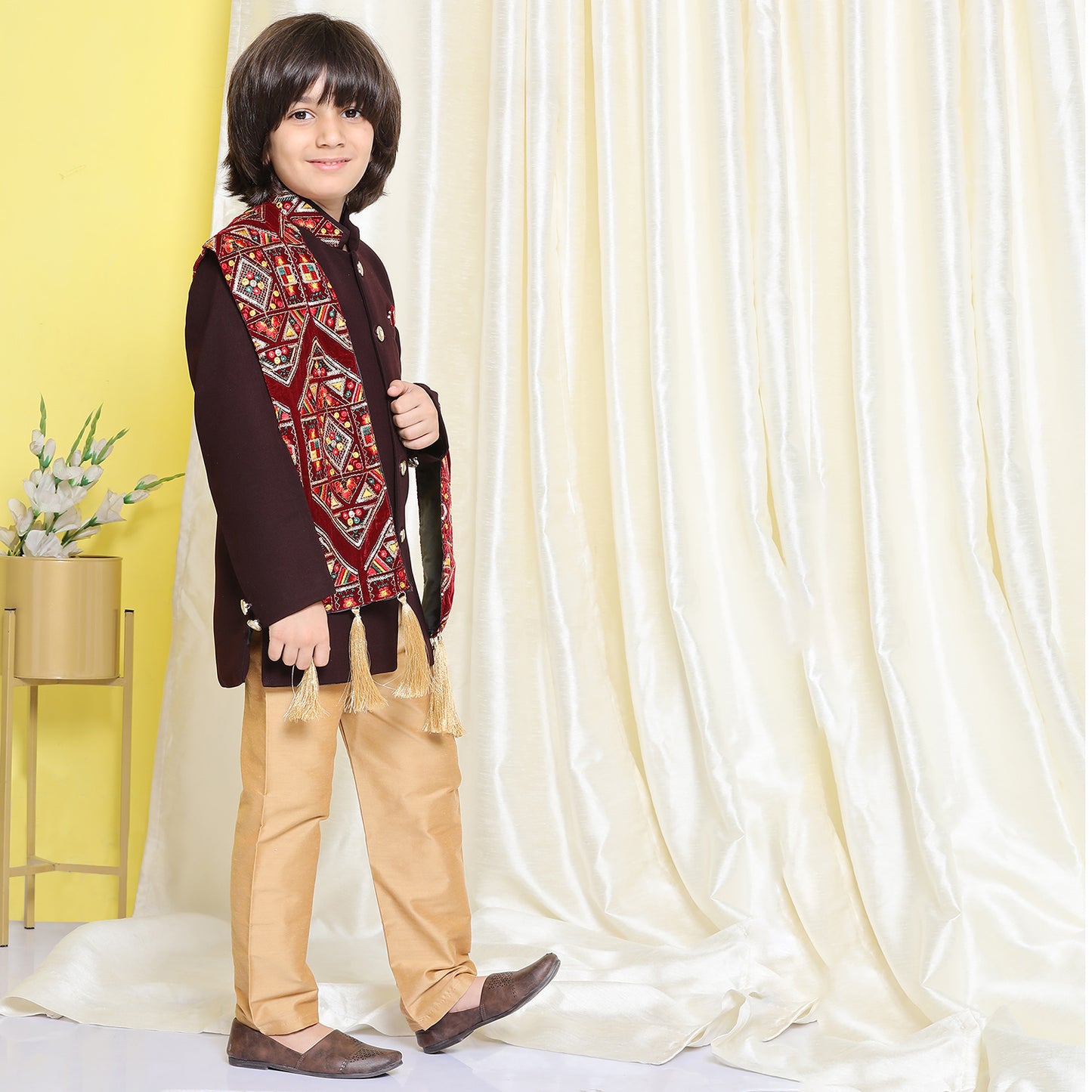 Kids Boys Maroon Embroidered Cotton Polyester Sherwani